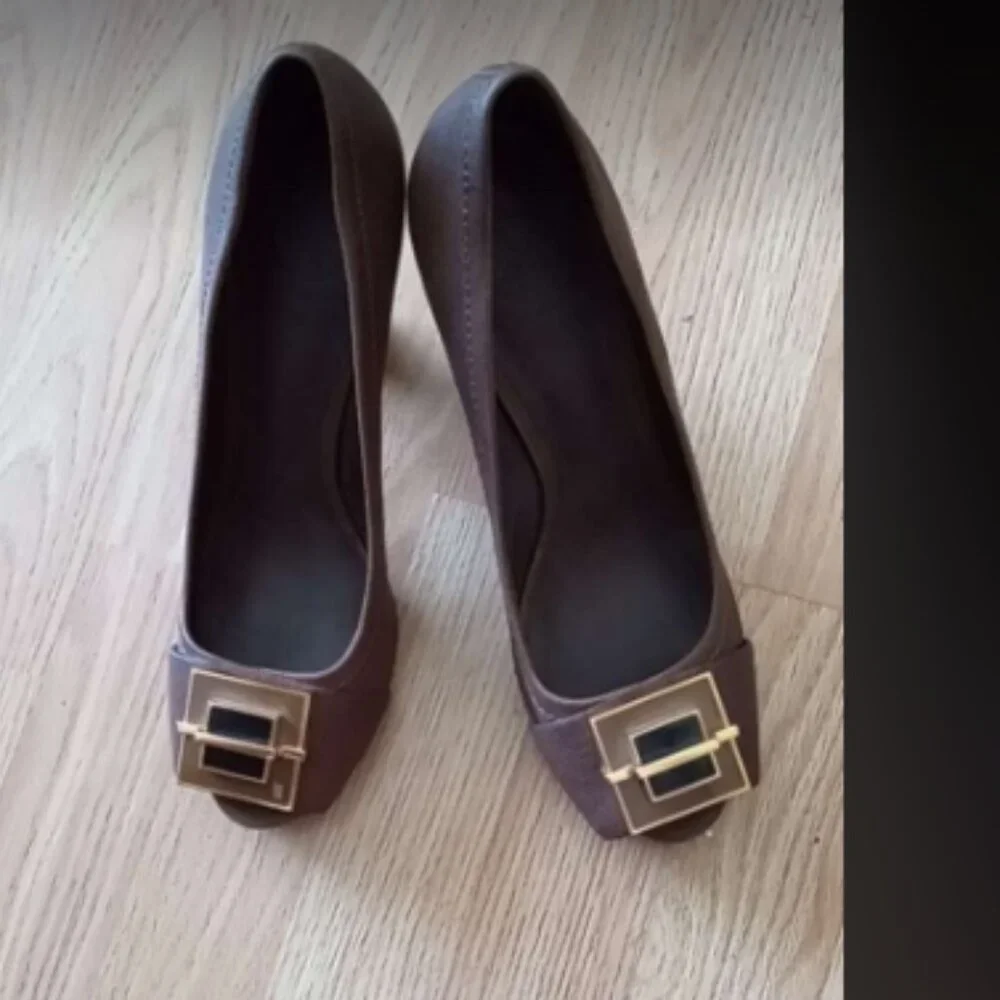Tory Burch Brown with Gold Trim Platform Open Toe Heels Sz 9M